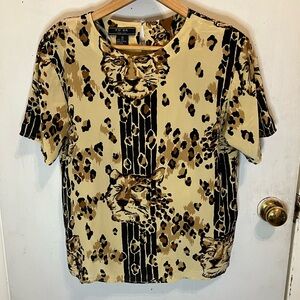 Vintage 90’s Tan Black Leopard Print Silk Short Sleeve Blouse Top Shirt